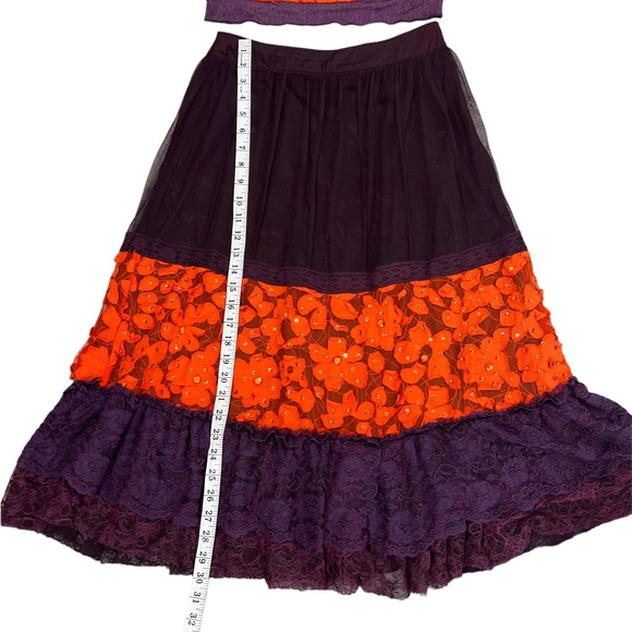VINTAGE 90S RETRO ORANGE PURPLE LACE THREE PIECE TOP SKIRT - Picture 6 of 16